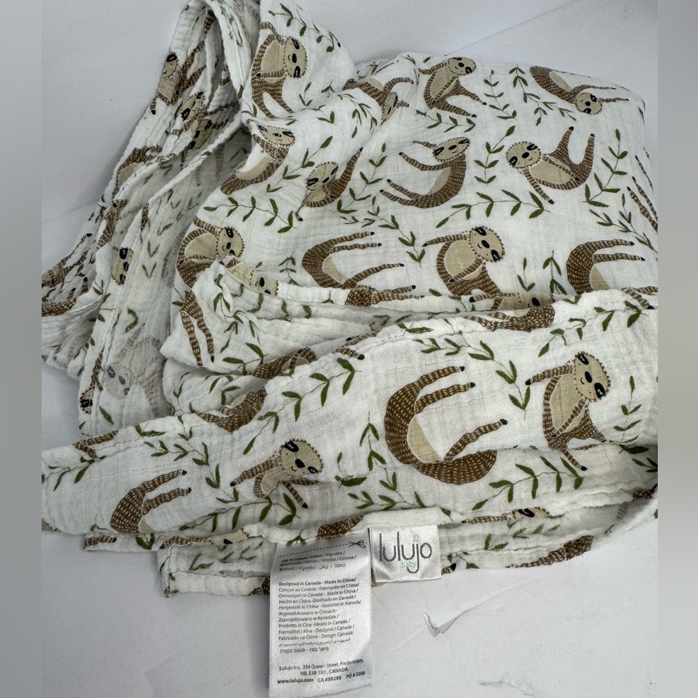 Lulujo Baby Muslin Swaddle Blanket 47x47 | Sloth Print | 100% Cotton Muslin
